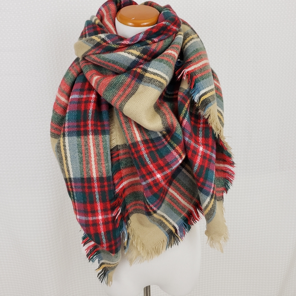 Blanket Scarf Tartan Plaid Scarf Preppy Red Tan Green Scarf Cozy Boho Scarf